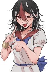  1girl :p absurdres back_bow black_hair blue_bow blue_bowtie bow bowtie commentary_request dress grey_horns highres horns kijin_seija looking_at_viewer medium_hair multicolored_hair open_mouth panilla pointing pointy_ears puffy_short_sleeves puffy_sleeves red_eyes red_nails short_sleeves simple_background small_horns smile solo streaked_hair tongue tongue_out touhou twitter_username white_background white_dress 