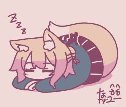  1girl animal_ear_fluff animal_ears closed_eyes fox_ears fox_girl fox_tail hair_bun hair_ornament kemomimi-chan_(naga_u) long_sleeves lying naga_u original pleated_skirt single_hair_bun skirt sleeping sleeves_past_wrists solo tail zzz 