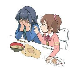  2girls black_hair blue_shirt bow bowl bowtie brown_hair chopsticks commentary_request covering_own_face food fork hand_on_another's_shoulder idolmaster idolmaster_million_live! kasuga_mirai long_hair long_sleeves looking_at_another looking_to_the_side mogami_shizuka multiple_girls noodles one_side_up pink_shirt red_bow red_bowtie shirt short_hair sitting spill tsubobot udon 