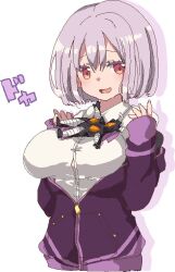  1girl blush breasts character_doll collared_shirt commentary_request doll gridman_universe hands_up hikaru_(sgst) hood hooded_jacket jacket large_breasts long_sleeves looking_at_viewer object_on_breast open_clothes open_jacket open_mouth purple_hair purple_jacket red_eyes school_uniform shinjou_akane shirt short_hair simple_background smile solo ssss.gridman white_background white_shirt zetton 