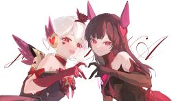  2girls 5higure :d absurdres bare_shoulders black_gloves black_hair black_hairband bow bowtie brooch chinese_commentary closed_mouth commentary_request d.va_(overwatch) detached_collar dress elbow_gloves facial_mark gloves hairband headgear heart heart_brooch heart_facial_mark heart_hands heart_hands_duo heart_of_hope_juno highres jewelry juno_(overwatch) light_blush long_hair looking_at_viewer magical_girl mark_under_eye mechanical_wings multiple_girls nocturna_d.va off-shoulder_dress off_shoulder overwatch red_bow red_bowtie red_eyes red_gloves red_wings robot_ears simple_background single_sidelock smile split_mouth straight_hair text_background upper_body white_background white_hair winged_heart wings 