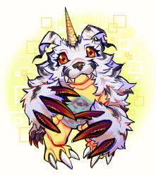  absurdres brown_eyes claws commentary digimon digimon_(creature) english_commentary fangs gabumon glacier_clear highres horns looking_at_viewer no_humans single_horn solo 