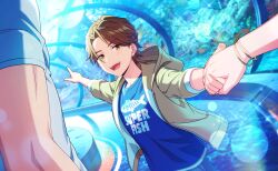  1girl 2boys aquarium blue_shirt bracelet brown_eyes brown_hair fingernails game_cg happy_elements helios_rising_heroes highres holding_hands hood jacket jay_kidman jewelry male_focus multiple_boys non-web_source official_art open_mouth pointing shirt smile solo_focus teeth upper_teeth_only 