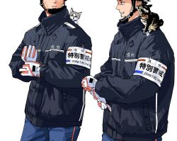  2boys adjusting_clothes adjusting_gloves animal_collar animal_on_shoulder armband baby_animal black_jacket blue_pants cat cat_on_shoulder collar commentary_request cowboy_shot eyes_out_of_frame firefighter firefighter_helmet firefighter_jacket gloves head_out_of_frame helmet highres jacket kitten long_sleeves looking_at_animal male_focus multicolored_cat multiple_boys open_mouth orange_gloves original pants red_collar sideburns smile tabby_cat two-sided_gloves white_gloves yamasaki_haruta zipper 