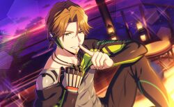  1boy brown_eyes brown_hair chain chain_necklace cum cum_on_body facial facial_hair finger_to_mouth fingernails game_cg goatee happy_elements helios_rising_heroes highres index_finger_raised jay_kidman jewelry long_sleeves looking_at_viewer male_focus necklace non-web_source ocean official_art pants parted_bangs railing shirt sitting smile solo sunset teeth virtual_youtuber 