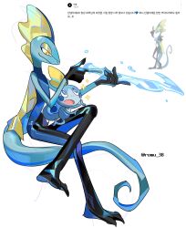  1other absurdres blue_eyes blue_skin bright_pupils closed_mouth colored_skin evolutionary_line finger_gun highres inteleon invisible_chair karmaho official_art_inset open_mouth other_focus pokemon pokemon_(creature) pokemon_focus request_inset simple_background sitting smile sobble tail water white_pupils yellow_eyes 