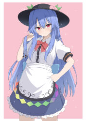  1girl absurdres back_bow black_hat blue_bow blue_hair blue_skirt bow bowtie center_frills closed_mouth commentary_request cowboy_shot doyagao frilled_skirt frills hand_on_own_hip hand_up hat highres hinanawi_tenshi long_hair looking_at_viewer peach_hat_ornament puffy_short_sleeves puffy_sleeves red_bow red_bowtie red_eyes shirt short_sleeves skirt sleeve_cuffs smile smug solo standing szl touhou very_long_hair white_shirt 