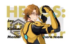  1boy armor brown_eyes brown_hair clenched_hand facial_hair game_cg goatee happy_elements headset helios_rising_heroes highres jay_kidman looking_at_viewer male_focus non-web_source official_art one_eye_closed smile solo upper_body 