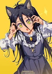  1girl ahoge animal_ear_fluff animal_ears black_hair bow bowtie chinese_commentary commentary_request dress fang frilled_dress frills hair_between_eyes hands_up highres jewelry kamisaki_hikaru lava_indifferent long_hair long_sleeves medalist_(manga) messy_hair necklace open_mouth simple_background star_(symbol) wide_sleeves wolf_ears yellow_background yellow_eyes 