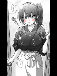  1girl alternate_costume apron commentary_request cowboy_shot door greyscale highres japanese_clothes kaga_(kancolle) kantai_collection kimono looking_at_viewer monochrome shin_(shin_k009) side_ponytail solo spot_color translation_request v-shaped_eyebrows waist_apron 