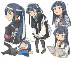  1girl @_@ apron black_dress black_hair black_jacket black_skirt blue_eyes blue_shirt blush book closed_mouth commentary_request dizzy dress enmaided holding holding_book idolmaster idolmaster_million_live! idolmaster_million_live!_theater_days jacket juliet_sleeves long_hair long_sleeves looking_back maid maid_apron maid_headdress mogami_shizuka multiple_views official_alternate_costume ponytail puffy_sleeves reading shirt skirt spiral-only_eyes standing tripping tsubobot white_apron 