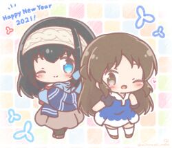  2021 2girls ;) ;d black_hair black_pantyhose blue_dress blue_eyes blue_scarf blue_shirt blush_stickers brown_eyes brown_hair brown_shoes brown_skirt chibi closed_mouth commentary_request dress hairband happy_birthday highres idolmaster idolmaster_cinderella_girls long_hair mitarashi_neko multiple_girls notice_lines one_eye_closed pantyhose puffy_short_sleeves puffy_sleeves sagisawa_fumika scarf shirt shoes short_sleeves skirt smile socks tachibana_arisu very_long_hair white_hairband white_socks 