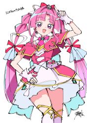  1girl :d absurdres braid braided_twintails brooch capelet commentary_request cure_mystique dress fingerless_gloves glove_bow glove_ribbon gloves hair_ornament hand_on_own_hip heart heart_brooch highres jewelry kobayashi_mikuru layered_dress layered_gloves long_hair looking_at_viewer meitantei_precure! misao_koinu off-shoulder_capelet open_mouth pact_holder pink_capelet pink_dress pink_hair precure smile solo thigh-highs very_long_hair violet_eyes white_thighhighs wing_hair_ornament zettai_ryouiki 