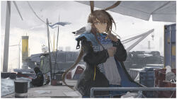  1other 2girls amiya_(arknights) animal_ears arknights bird blue_eyes braid brown_hair cat_ears cloak coat commentary doctor_(arknights) fishing_rod highres kal'tsit_(arknights) long_hair multiple_girls open_clothes open_coat rabbit_ears rabbit_girl rhodes_island_landship seagull short_hair siguma_(13238772100) untranslatable_commentary white_hair 