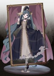  1girl :d ankle_strap black_choker black_dress black_shoes blue_eyes blue_hair bonnet choker commentary_request curtains dress empty_eyes full_body gold gothic_&amp;_horror_hatsune_miku_design_contest gradient_background grey_nails hatsune_miku highres holding holding_mask holding_own_dress juliet_sleeves long_dress long_hair long_sleeves looking_at_viewer mani_(manidrawings) mask masquerade_mask open_mouth petticoat piano_print picture_frame puffy_sleeves shoes smile solo standing torn_clothes torn_dress treble_clef twintails very_long_hair vocaloid wavy_hair 