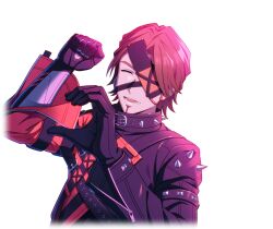  1boy armor black_gloves black_jacket brown_eyes brown_hair clenched_hand collar cropped_torso eyepatch facial_hair facing_viewer game_cg gloves goatee happy_elements heart helios_rising_heroes jacket jay_kidman male_focus non-web_source official_art open_mouth smile solo spikes transparent_background upper_body 