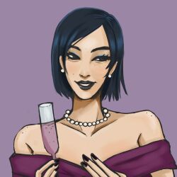  1girl avery_(degrees_of_lewdity) avery_(female)_(degrees_of_lewdity) bare_shoulders black_hair black_lips black_nails blue_eyes champagne_flute commentary cup degrees_of_lewdity dress drinking_glass earrings english_commentary highres jewelry knkwitch necklace pearl_earrings pearl_necklace portrait purple_background purple_dress simple_background solo 