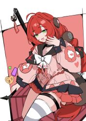  1girl animal_on_back azuki_pii black_choker black_sailor_collar border braid braided_twintails cardigan chest_bow choker collarbone commentary_request cowboy_shot green_eyes hair_ornament hearing_aid highres kamanosuke_(zenless_zone_zero) looking_at_viewer open_mouth pink_cardigan raccoon red_background red_hair red_umbrella sailor_collar single_thighhigh sphere_hair_ornament striped_clothes striped_thighhighs tanuki thigh-highs thigh_strap ukinami_yuzuha umbrella white_border zenless_zone_zero 