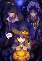  1boy 1other 2girls :o absurdres alternate_costume animal_ears apron baixiang1234567 black_eyes black_hat brown_eyes brown_hair candy child closed_mouth commentary english_commentary enmaided fake_animal_ears fate/strange_fake fate_(series) food fur_trim halloween halloween_bucket halloween_costume hat highres holding holding_halloween_bucket kuruoka_tsubaki long_hair looking_at_another maid maid_apron maid_headdress multiple_girls no_name_assassin_(fate) open_mouth pale_rider_(fate) red_eyes short_hair sigma_(fate) white_apron witch_hat wolf_ears 