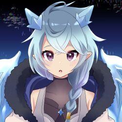 1girl akane_(akane112234) blue_hair blue_horns blush braid brown_shirt commentary_request covered_collarbone crossed_bangs double-parted_bangs hair_between_eyes horns long_hair looking_at_viewer open_mouth pointy_ears portrait princess_connect! sheffy_(princess_connect!) shirt single_braid sleeveless sleeveless_shirt solo violet_eyes 