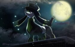  alternate_color animal_focus closed_mouth clouds commentary full_moon furfrou furfrou_(dandy) moon night no_humans pokemon pokemon_(creature) pokemon_focus red_eyes shiny_pokemon sky solo sosososn4 sparkle star_(sky) twitter_username 