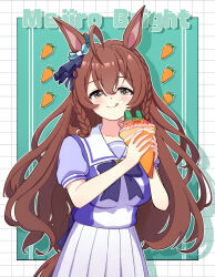  1girl 6211-5103 :p ahoge animal_ears blush braid breasts brown_eyes brown_hair character_name collarbone commentary_request crepe food hair_between_eyes highres holding holding_crepe holding_food horse_girl long_hair medium_breasts mejiro_bright_(umamusume) school_uniform side_braids simple_background smile tongue tongue_out tracen_school_uniform umamusume 