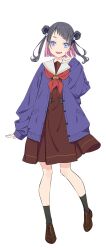  1girl :d black_hair black_socks brown_dress brown_shoes cardigan colored_inner_hair double_bun dress flower full_body hair_bun hair_flower hair_ornament hasu_no_sora_school_uniform highres iizuka_haruko link!_like!_love_live! loafers long_sleeves looking_at_viewer love_live! medium_dress multicolored_hair neckerchief official_art open_cardigan open_clothes open_mouth pink_hair pleated_dress purple_cardigan red_neckerchief sailor_collar sailor_dress school_uniform shirin_mion shoes simple_background sleeves_past_wrists smile socks solo standing tachi-e teeth transparent_background two_side_up upper_teeth_only violet_eyes white_flower white_sailor_collar winter_uniform 