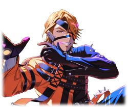  1boy black_gloves blood blood_on_face brown_eyes brown_hair collar eyepatch facial_hair game_cg gloves goatee grin happy_elements helios_rising_heroes jacket jay_kidman looking_at_viewer male_focus non-web_source official_art smile solo spiked_collar spikes transparent_background upper_body 