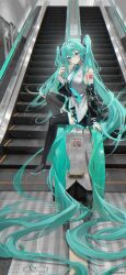  1girl absurdres black_skirt blue_eyes blue_hair blue_necktie boots commentary detached_sleeves escalator hair_ornament ham99luv hatsune_miku highres long_hair looking_at_viewer mitsubishi necktie sitting skirt sleeveless solo thigh_boots twintails untranslatable_commentary very_long_hair vocaloid zettai_ryouiki 