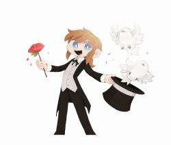  1girl :d a_hat_in_time alternate_costume bad_id bad_twitter_id bird black_bow black_bowtie black_hat black_jacket black_pants black_shoes blue_eyes bow bowtie brown_hair buttons child collared_shirt commentary_request dot_nose eyes_visible_through_hair flower from_hat_trick full_body gompang1125 grey_vest hat hat_kid hat_ribbon holding holding_flower holding_unworn_clothes holding_unworn_hat jacket long_hair long_sleeves looking_at_viewer magic_trick open_mouth pants ponytail red_flower ribbon shirt shoes sidelocks smile solo teeth tongue top_hat unworn_hat unworn_headwear vest white_background white_bird white_ribbon white_shirt 