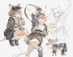  >_< 2girls :o almond_(arknights) animal_ears arknights bacheally bandaid bandaid_on_knee bandaid_on_leg black_coat black_pants black_shoes blue_eyes blush bone_hair_ornament brown_hair cat_ears cat_girl cat_tail chewing chibi coat cropped_jacket cropped_legs dated dog_ears dog_girl dog_tail drop_shadow embarrassed fingerless_gloves food food_on_face foot_out_of_frame full_body gloves goggles goggles_on_head green_eyes grey_background grey_gloves grey_jacket hair_ornament highres holding holding_food jacket jessica_(arknights) jessica_the_liberated_(arknights) lightning_bolt_symbol long_hair multiple_girls multiple_views open_mouth outline pants pleading_eyes purple_hair sandwich shirt shoes short_hair short_sleeves simple_background sneakers solo_focus sparkle squatting tail twitter_username visible_air visor_cap white_shirt 