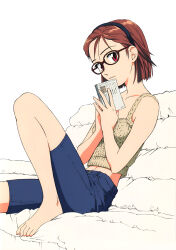  1girl :| absurdres bare_shoulders barefoot black_hairband blue_shorts bob_cut book breasts brown-framed_eyewear brown_camisole cable_knit camisole casual closed_mouth collarbone couch crop_top denim denim_shorts expressionless foot_out_of_frame glasses hairband highres hiramatsu_tadashi holding holding_book kareshi_kanojo_no_jijou knee_up knit_camisole looking_at_viewer looking_to_the_side midriff miyazawa_yukino navel official_art on_couch own_hands_together parted_lips red_eyes red_hair short_hair shorts simple_background sitting small_breasts solo swept_bangs toes w_arms white_background 
