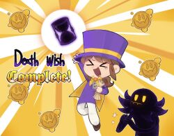  >_< 1boy 1girl :| a_hat_in_time arm_up boots brown_boots brown_hair cape check_commentary child clapping closed_eyes closed_mouth commentary_request deformed dot_nose english_text fangs ghost gompang1125 hat hat_kid hat_ribbon holding holding_paper hourglass jacket korean_commentary long_hair long_sleeves looking_at_another open_hand open_mouth pants paper ponytail purple_hat purple_jacket ribbon sidelocks skin_fangs smile snatcher_(a_hat_in_time) tearing_up top_hat white_pants yellow_background yellow_cape yellow_eyes yellow_ribbon zipper_pull_tab 