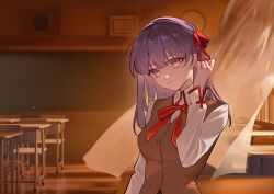  1girl absurdres amiably_02 breasts brown_vest chalkboard chinese_commentary classroom closed_mouth collared_shirt commentary_request curtains desk fate/stay_night fate_(series) hair_ribbon highres homurabara_academy_school_uniform indoors long_hair long_sleeves looking_at_viewer matou_sakura neck_ribbon purple_hair red_ribbon ribbon school_desk school_uniform shirt smile solo upper_body vest violet_eyes white_shirt window 