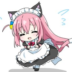  1girl animal_ear_fluff animal_ears apron bad_id bad_twitter_id black_dress black_shoes blush bocchi_the_rock! bow bowtie cat_ears cat_girl cat_tail chibi chibi_only closed_eyes crossed_bangs cube_hair_ornament dress flying_sweatdrops frilled_dress frills full_body gotoh_hitori hair_between_eyes hair_ornament kemonomimi_mode kotatsu-mazoku long_hair lowres maid maid_headdress one_side_up open_mouth pink_hair red_bow red_bowtie shoes short_sleeves simple_background socks solo standing tail white_apron white_background white_socks wrist_cuffs 