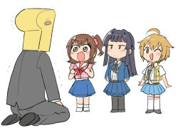 1boy 3girls :d ;d ahoge arms_behind_back black_hair black_pantyhose blonde_hair blue_shirt blue_skirt blush bow bowtie brown_eyes brown_hair chibi closed_mouth commentary_request grey_jacket grey_pants ibuki_tsubasa idolmaster idolmaster_million_live! jacket kasuga_mirai long_hair long_sleeves mogami_shizuka multiple_girls object_head one_eye_closed one_side_up open_mouth p-head_producer pants pantyhose pink_shirt pleated_skirt producer_(idolmaster) red_bow red_bowtie seiza shirt short_hair simple_background sitting skirt smile socks standing strawberry_pop_moon_(idolmaster) suit trembling tsubobot vest white_background white_socks yellow_vest 