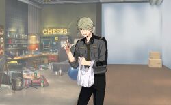  1boy alcohol bag belt black_pants bottle box breast_pocket bucket collared_shirt cup drinking_glass game_cg green_eyes green_hair grey_shirt hair_over_one_eye happy_elements helios_rising_heroes highres holding indoors keith_max male_focus necktie non-web_source official_art one_eye_covered open_mouth pants pocket shirt shopping_bag short_hair solo standing table trash_bag trash_can 