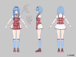  1girl blue_eyes blue_hair blue_hairband blue_socks braid brown_shoes collared_shirt colored_shoe_soles commentary_request copyright_notice double-parted_bangs full_body gloves grey_background hair_between_eyes hair_over_shoulder hairband highres hololive hoshimachi_suisei kneehighs legwear_garter loafers long_hair low_twin_braids miniskirt multiple_views neck_ribbon official_alternate_costume official_alternate_hairstyle official_art plaid_clothes plaid_shirt plaid_skirt pleated_skirt red_shirt red_skirt ribbon saekiyahiro second-party_source shirt shoes short_sleeves simple_background skirt socks star_(symbol) star_in_eye symbol_in_eye turnaround twin_braids virtual_youtuber white_gloves white_skirt yellow_ribbon 