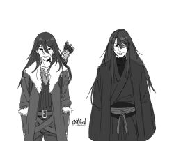  1boy 1girl brother_and_sister collared_shirt commentary cowboy_shot fur_trim greyscale hair_over_shoulder hands_in_pockets highres long_hair long_sidelocks looking_at_viewer monochrome quiver rain_(shadow_slave) robe rope_belt sh1fted_1 shadow_slave shirt siblings sidelocks striped_clothes striped_vest sunny_(shadow_slave) tunic vest 
