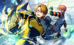  2boys black_gloves bodysuit brown_eyes brown_hair clenched_hands elbow_pads facial_hair game_cg gloves goatee goggles happy_elements helios_rising_heroes highres jay_kidman male_focus multiple_boys non-web_source official_art open_mouth smile teeth upper_teeth_only yellow_bodysuit 