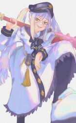  1girl absurdres aotory999 armband black_bow black_bowtie black_hat black_pantyhose bow bowtie club_(weapon) dress foot_out_of_frame grin hair_between_eyes hat highres holding holding_weapon long_hair long_sleeves looking_at_viewer military_hat military_uniform over_shoulder pantyhose peaked_cap princess_connect! sharp_teeth shoes sidelocks simple_background smile sneakers solo spiked_club standing stepped_on teeth tomie_(princess_connect!) twintails weapon weapon_over_shoulder white_background white_dress white_hair yellow_eyes 