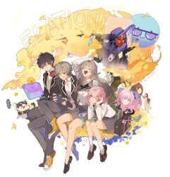  2134twone 2boys 4girls aha_(honkai:_star_rail) arm_up bag black_bag black_gloves black_jacket black_pants black_shoes blazer blowing_kiss blue_eyes brown_shoes brown_sweater_vest caelus_(honkai:_star_rail) card cellphone chimera_(honkai:_star_rail) closed_eyes collared_shirt commentary_request complainer_(honkai:_star_rail) contrast_collar dan_heng_(honkai:_star_rail) dice dress dual_persona english_text evernight_(honkai:_star_rail) eyeliner figure_four_sitting fingerless_gloves fishnet_veil flower full_body gloves graphia_academy_school_uniform green_eyes grey_hair grey_skirt hair_flower hair_ornament hand_in_own_hair hands_on_own_cheeks hands_on_own_face hat headphones headphones_around_neck highres himeko_(honkai:_star_rail) holding holding_phone honkai:_star_rail honkai_(series) jacket loafers long_hair looking_at_viewer makeup march_7th_(honkai:_star_rail) mask multicolored_eyes multiple_boys multiple_girls official_alternate_costume one_eye_closed open_mouth pants phone pink_eyes pink_hair playing_card playing_games pleated_skirt purple_hat red_eyeliner red_eyes red_hair school_bag school_uniform shirt shoes short_hair shorts silver_wolf_(honkai:_star_rail) sitting skirt smartphone sneakers socks sparkle_(honkai:_star_rail) sparxie_(honkai:_star_rail) speech_bubble spoken_character stelle_(honkai:_star_rail) sweater_vest taking_picture thigh_strap tongue tongue_out trailblazer_(honkai:_star_rail) translation_request tree two-tone_eyes white_dress white_jacket white_shirt white_socks yellow_eyes yellow_shorts 