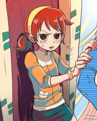  commentary_request frown green_skirt hairband jacket kim_pine orange_jacket ponytail red_hair scott_pilgrim_(series) short_ponytail skirt sleeve_rolled_up t_k_g wristband yellow_hairband 
