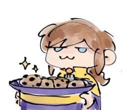  1girl :3 a_hat_in_time bad_id bad_twitter_id blue_eyes brown_hair cape child closed_mouth cookie food food_in_hat gompang1125 hat hat_kid hat_ribbon holding holding_unworn_clothes holding_unworn_hat jacket jitome long_hair long_sleeves ponytail portrait purple_hat purple_jacket ribbon sidelocks smile solo top_hat unworn_hat unworn_headwear white_background yellow_cape yellow_ribbon zipper_pull_tab 