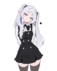  1girl absurdres alternate_costume arms_behind_back black_bow black_bowtie black_dress black_thighhighs blush bow bowtie buttons collared_shirt commentary double-breasted dress dress_shirt elf frieren green_eyes hair_tie heart highres long_hair long_sleeves looking_at_viewer pinafore_dress pointy_ears shirt short_dress simple_background skindentation sleeveless sleeveless_dress smile sousou_no_frieren thigh-highs twintails twitter_username vivianvalenart white_background white_hair white_shirt zettai_ryouiki 