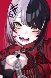  1girl absurdres black_hair black_nails black_ribbon blood blood_on_face chain dress grey_hair highres holding holding_chain hololive hololive_english looking_at_viewer multicolored_hair neck_ribbon official_alternate_costume open_mouth red_background red_dress ribbon shiori_novella shiori_novella_(casual) solo split-color_hair teeth two-tone_hair u-stadt virtual_youtuber yellow_eyes 