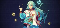  1boy bird black_choker blue_hair braid choker closed_mouth coin crew_neck ensemble_stars! fingernails floating_clothes floating_hair game_cg gold_necklace hair_between_eyes hand_on_own_hip hand_up happy_elements hibiki_wataru jacket jewelry l_hand layered_clothes long_hair long_sleeves male_focus necklace official_art open_clothes open_jacket shirt smile solo split_mouth star_(symbol) surprising_thanks!!_(ensemble_stars!) third-party_source variant_set violet_eyes white_shirt zipper_pull_tab 