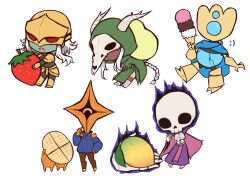  1boy 2girls 2others akeesakee animal_skull armor bandages blue_shirt brown_pants chibi chibi_only cloak colored_skin commentary dark-skinned_female dark_skin emoticon fire flaming_head flaming_skull food fruit full_body gameplay_mechanics giant_hand green_cloak grey_skin highres holding humanoid_robot ice_cream ice_cream_cone long_hair long_sleeves mango minion_(slay_the_spire) multiple_girls multiple_others one-eyed osty_(slay_the_spire) oversized_food oversized_object pants pear red_eyes robe robot shirt simple_background skeleton skull skull_on_head slay_the_spire slay_the_spire_2 spoken_expression strawberry the_defect_(slay_the_spire) the_ironclad_(slay_the_spire) the_necrobinder_(slay_the_spire) the_regent_(slay_the_spire) the_silent_(slay_the_spire) waffle white_background white_hair yellow_eyes 