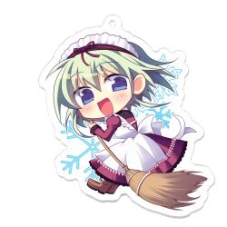  1girl :d ameno_ame angelina_nanatsu_sewell apron blue_eyes blush boots broom brown_boots chibi chibi_only commentary_request dress frilled_apron frilled_dress frills from_side full_body green_hair hair_between_eyes hand_up highres holding holding_broom juliet_sleeves leaning_forward long_sleeves looking_at_viewer maid maid_apron maid_headdress mashiroiro_symphony medium_hair open_mouth pink_dress puffy_sleeves simple_background smile snowflakes solo standing white_apron white_background 