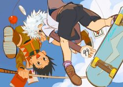  2boys 7enn :d ass ball black_hair black_shorts blue_sky book clouds fishing_rod gon_freecss green_eyes green_jacket green_shorts holding holding_ball holding_fishing_rod hunter_x_hunter jacket killua_zoldyck male_focus midair multiple_boys open_mouth shirt short_hair shorts skateboard skateboarding sky smile spiky_hair teeth upper_teeth_only white_hair white_shirt 